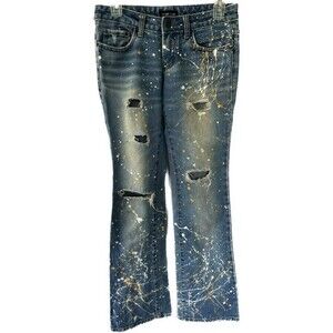 Over Lap 100% Cotton Paint Splatter Distressed Flare Wide Leg Denim Jeans M